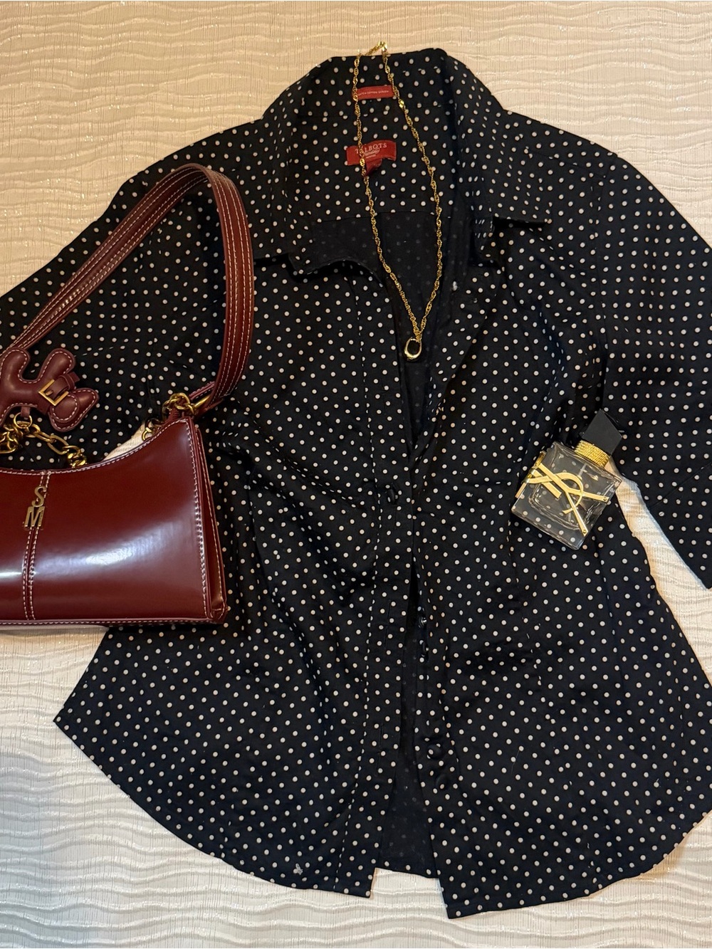 Talbots Black Button-Down Shirt with White Polka Dots